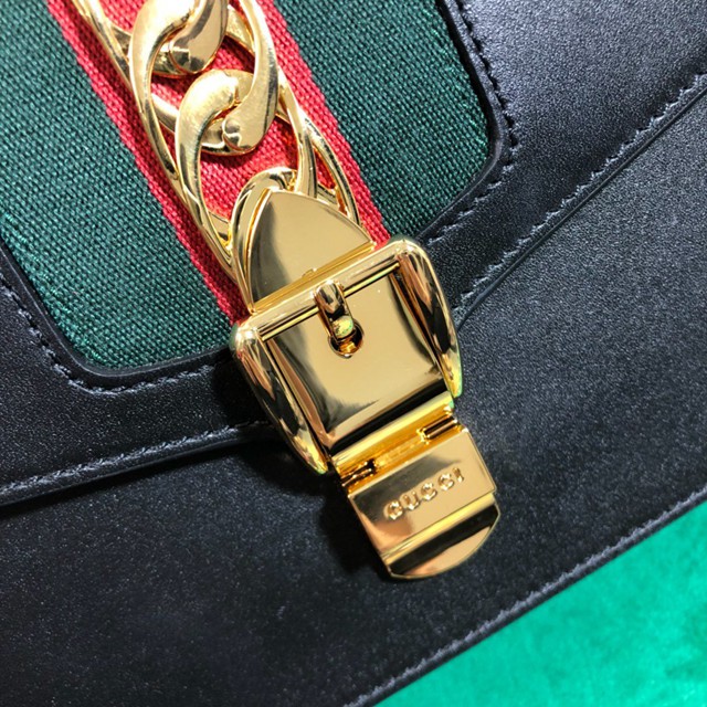 Gucci高仿專櫃女包 421882 古馳爆款Sylvie系列女包 Gucci黑色 皮革 女士單肩手提包  gqy3041